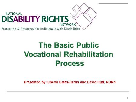 1 The Basic Public Vocational Rehabilitation Process Process Presented by: Cheryl Bates-Harris and David Hutt, NDRN.