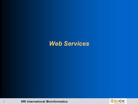 SRI International Bioinformatics 1 Web Services. SRI International Bioinformatics 2 Kinds of Web Services Data retrieval Web Services l PTools-XML l BioPAX.