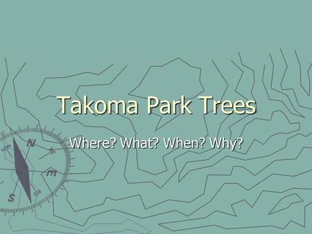 Takoma Park Trees Where? What? When? Why?. Parameters 2.5 square miles 2.5 square miles 42 miles of road 42 miles of road 17,000 residents 17,000 residents.