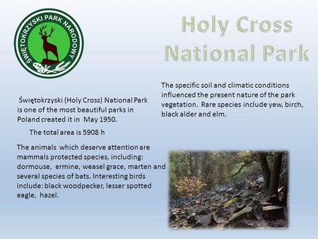 Świętokrzyski (Holy Cross) National Park is one of the most beautiful parks in Poland created it in May 1950. The total area is 5908 h The animals which.