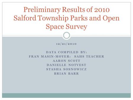 12/21/2010 DATA COMPILED BY: FRAN MASIN-MOYER: SAHS TEACHER AARON SCOTT DANIELLE NOTVEST STASHA SOSNOWICZ BRIAN BARR Preliminary Results of 2010 Salford.