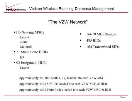 Page 1 Verizon Wireless Roaming Database Management The VZW Network 175 Serving MSCs Lucent Nortel Motorola 21 Standalone HLRs HP 92 Integrated HLRs Lucent.