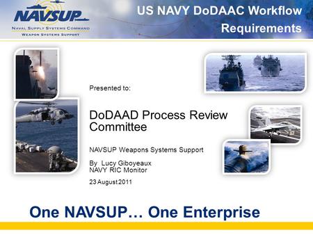 One NAVSUP… One Enterprise Presented to: DoDAAD Process Review Committee NAVSUP Weapons Systems Support By Lucy Giboyeaux NAVY RIC Monitor 23 August 2011.