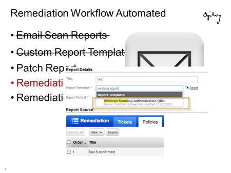 1 Remediation Workflow Automated Email Scan Reports Patch Report Remediation Policies Remediation Tickets API Custom Report Templates.