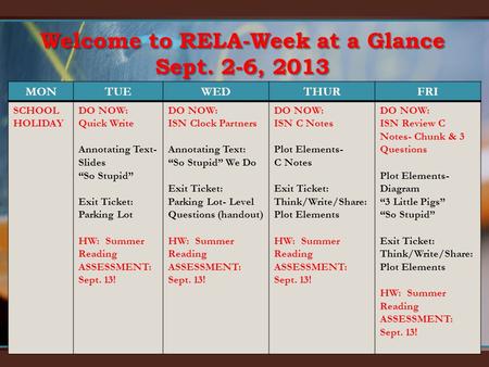 Welcome to RELA-Week at a Glance Sept. 2-6, 2013 MONTUEWEDTHURFRI SCHOOL HOLIDAY DO NOW: Quick Write Annotating Text- Slides So Stupid Exit Ticket: Parking.