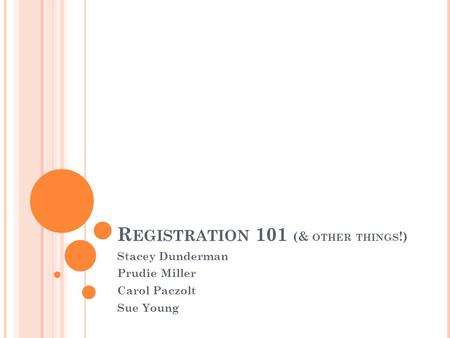 R EGISTRATION 101 (& OTHER THINGS !) Stacey Dunderman Prudie Miller Carol Paczolt Sue Young.