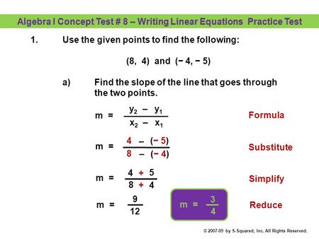 Algebra I Concept Test # 8 – Writing Linear Equations Practice Test