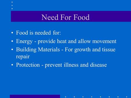 Need For Food Food is needed for: