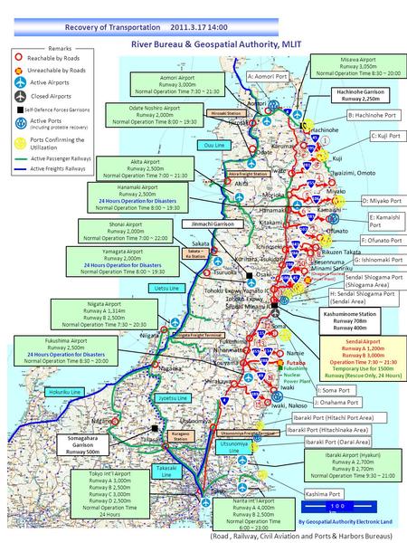 Km (Onagawa Nuclear Power Plant) Reachable by Roads Unreachable by Roads Remarks Futaba Niigata Airport Runway A 1,314m Runway B 2,500m Normal Operation.
