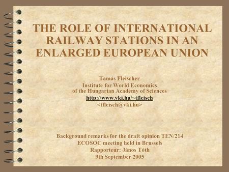 THE ROLE OF INTERNATIONAL RAILWAY STATIONS IN AN ENLARGED EUROPEAN UNION Tamás Fleischer Institute for World Economics of the Hungarian Academy of Sciences.