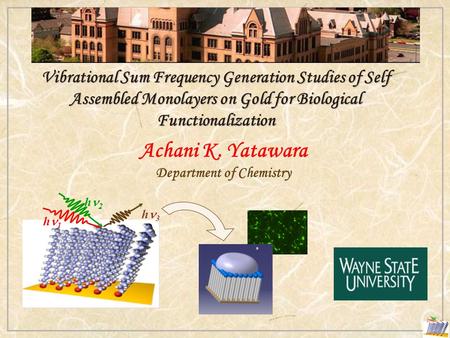Vibrational Sum Frequency Generation Studies of Self Assembled Monolayers on Gold for Biological Functionalization Achani K. Yatawara Department of Chemistry.