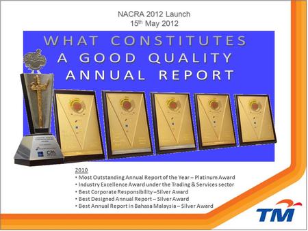 NACRA 2012 Launch 15 th May 2012 2010 Most Outstanding Annual Report of the Year – Platinum Award Industry Excellence Award under the Trading & Services.