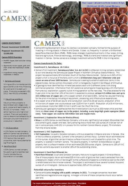 MDG CAMEX INVESTMENT Present Investment $3,000,000 Proposed Investment $5- 10,000,000 Camex MDG Overview Pre-RTO Copper, Gold and silver mining investment.