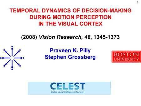 1 TEMPORAL DYNAMICS OF DECISION-MAKING DURING MOTION PERCEPTION IN THE VISUAL CORTEX (2008) Vision Research, 48, 1345-1373 Praveen K. Pilly Stephen Grossberg.