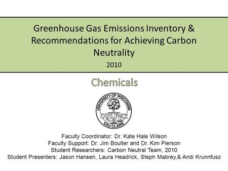 2010 Greenhouse Gas Emissions Inventory & Recommendations for Achieving Carbon Neutrality Faculty Coordinator: Dr. Kate Hale Wilson Faculty Support: Dr.