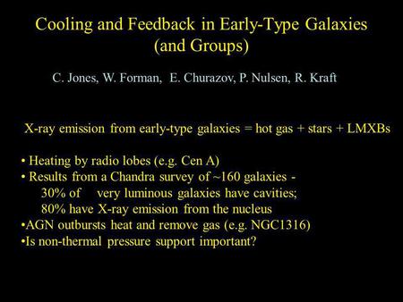 Cooling and Feedback in Early-Type Galaxies (and Groups) C. Jones, W. Forman, E. Churazov, P. Nulsen, R. Kraft X-ray emission from early-type galaxies.