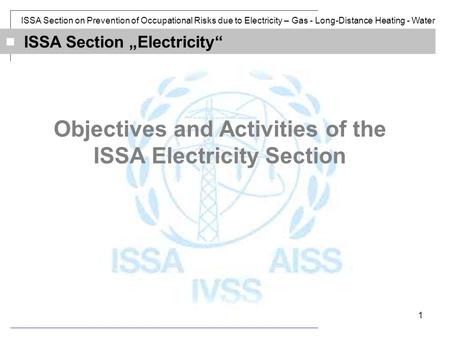 ISSA Section on Prevention of Occupational Risks due to Electricity – Gas - Long-Distance Heating - Water 1 ISSA Section Electricity Objectives and Activities.