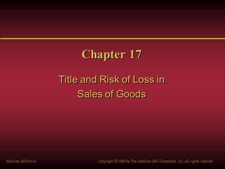 Title and Risk of Loss in Sales of Goods