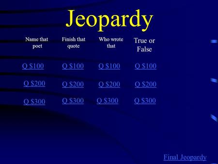 Jeopardy Name that poet Finish that quote Who wrote that Q $100 Q $200 Q $300 Q $100 Q $200 Q $300 Final Jeopardy True or False.