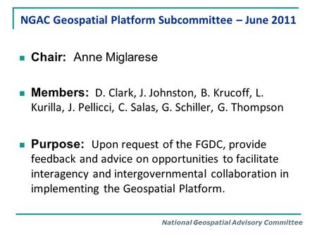 National Geospatial Advisory Committee NGAC Geospatial Platform Subcommittee – June 2011 Chair: Anne Miglarese Members: D. Clark, J. Johnston, B. Krucoff,