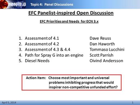 Topic 4: Panel Discussions 1 April 5, 2014 EFC Panelist-inspired Open Discussion 1.Assessment of 4.1Dave Reuss 2.Assessment of 4.2 Dan Haworth 3.Assessment.