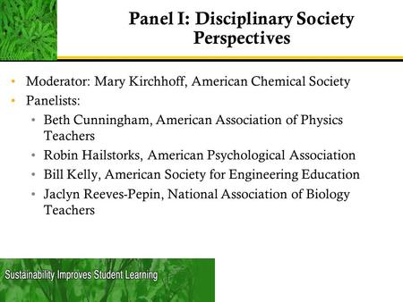 Panel I: Disciplinary Society Perspectives Moderator: Mary Kirchhoff, American Chemical Society Panelists: Beth Cunningham, American Association of Physics.