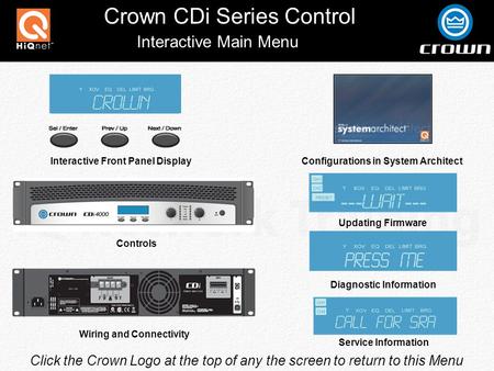 Crown CDi Series Control Click the Crown Logo at the top of any the screen to return to this Menu Interactive Main Menu Interactive Front Panel Display.