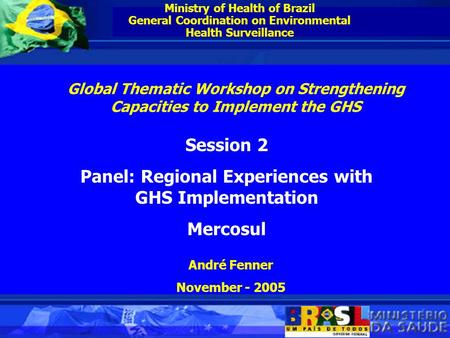 Ministry of Health of Brazil General Coordination on Environmental Health Surveillance Session 2 Panel: Regional Experiences with GHS Implementation Mercosul.