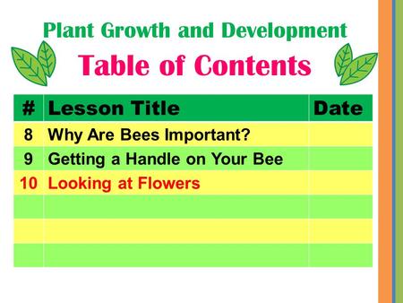 Plant Growth and Development Table of Contents #Lesson TitleDate 8Why Are Bees Important? 9Getting a Handle on Your Bee 10Looking at Flowers.