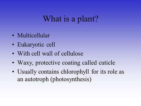 What is a plant? Multicellular Eukaryotic cell