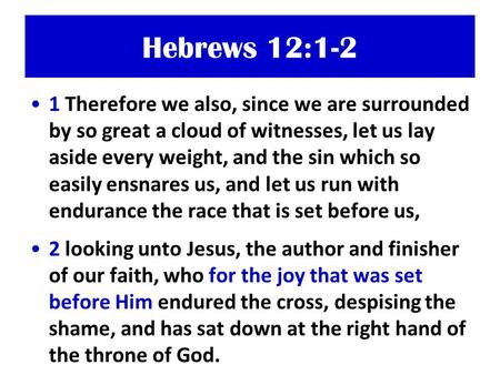Hebrews 12:1-2 1 Therefore we also, since we are surrounded by so great a cloud of witnesses, let us lay aside every weight, and the sin which so easily.