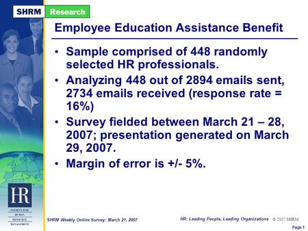 HR: Leading People, Leading Organizations © 2007 SHRM SHRM Weekly Online Survey: March 21, 2007 Employee Education Assistance Benefit Sample comprised.