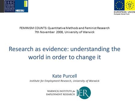 FEMINISM COUNTS: Quantitative Methods and Feminist Research 7th November 2008, University of Warwick Research as evidence: understanding the world in order.