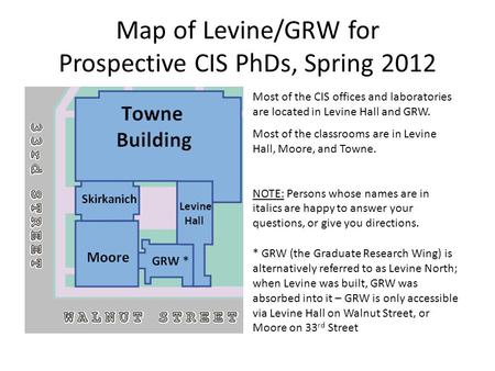 Map of Levine/GRW for Prospective CIS PhDs, Spring 2012 * GRW (the Graduate Research Wing) is alternatively referred to as Levine North; when Levine was.