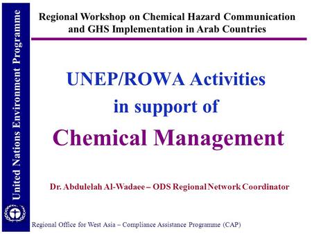 United Nations Environment Programme Regional Office for West Asia – Compliance Assistance Programme (CAP) UNEP/ROWA Activities in support of Chemical.
