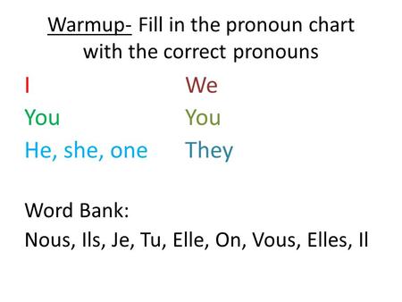 Warmup- Fill in the pronoun chart with the correct pronouns