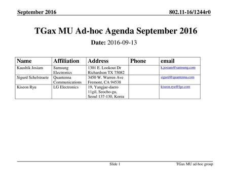 TGax MU Ad-hoc Agenda September 2016
