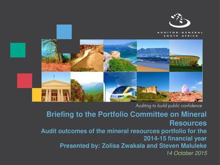Briefing to the Portfolio Committee on Mineral Resources Audit outcomes of the mineral resources portfolio for the 2014-15 financial year Presented by: