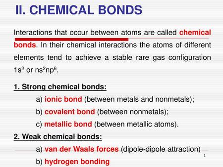 II. CHEMICAL BONDS Interactions that occur between atoms are called chemical bonds. In their chemical interactions the atoms of different elements tend.