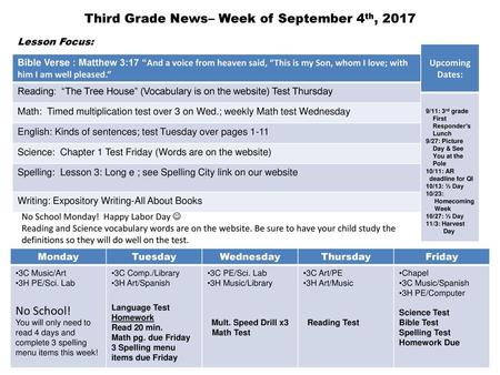 Third Grade News– Week of September 4th, 2017