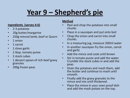Year 9 – Shepherd’s pie Method