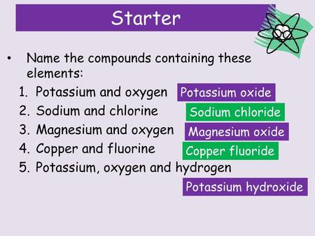 Starter Potassium and oxygen Sodium and chlorine Magnesium and oxygen