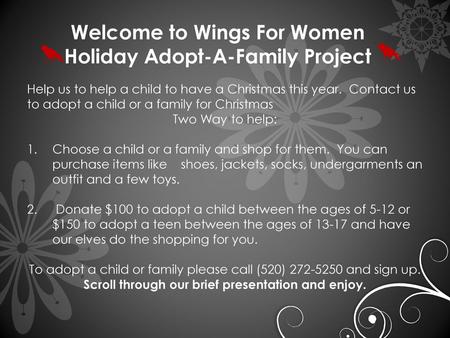 Welcome to Wings For Women Holiday Adopt-A-Family Project