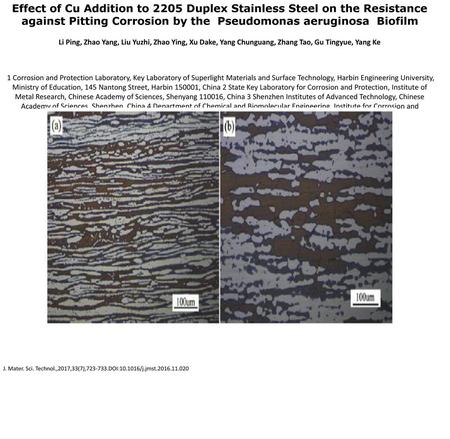 Effect of Cu Addition to 2205 Duplex Stainless Steel on the Resistance against Pitting Corrosion by the Pseudomonas aeruginosa Biofilm Li Ping, Zhao.