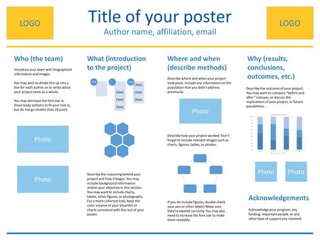Title of your poster Author name, affiliation,  Who (the team)Where and when (describe methods) What (introduction to the project) Why (results, conclusions,
