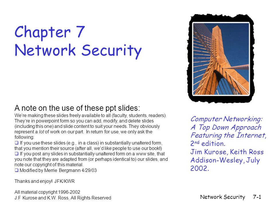 Network Security7-1 Chapter 7 Network Security Computer Networking: A Top  Down Approach Featuring the Internet, 2 nd edition. Jim Kurose, Keith Ross  Addison-Wesley, - ppt download
