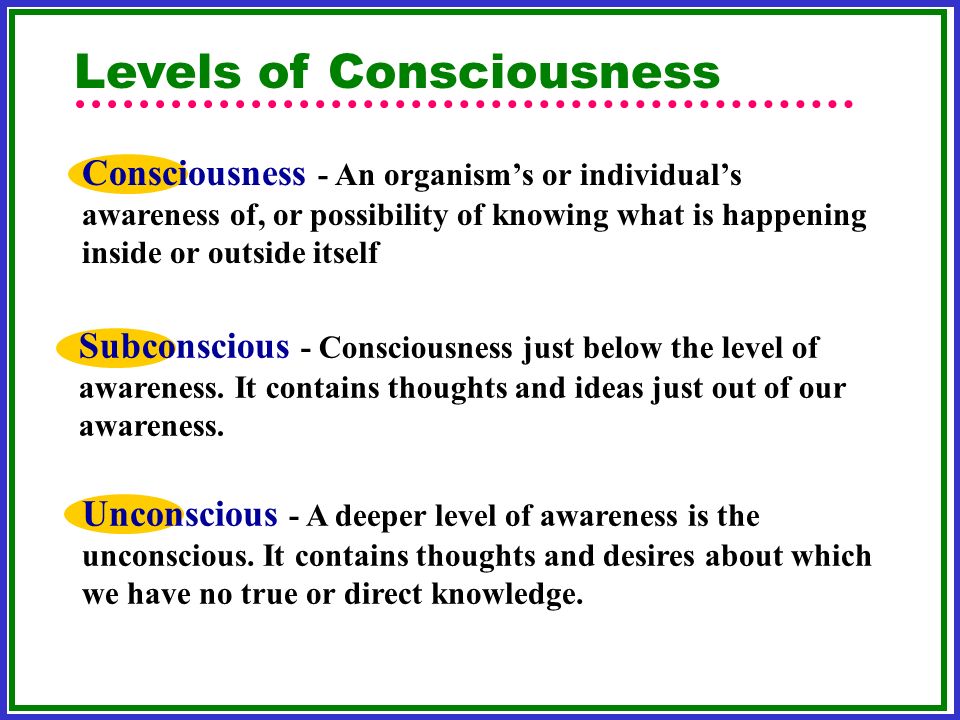 Levels Of Consciousness Subconscious Consciousness Just Below The Level Of Awareness It Contains Thoughts And Ideas Just Out Of Our Awareness Unconscious Ppt Download Levels Of Consciousness Subconscious Consciousness Just Below The Level Of Awareness It Contains Thoughts And Ideas Just Out Of Our Awareness Unconscious Ppt Download