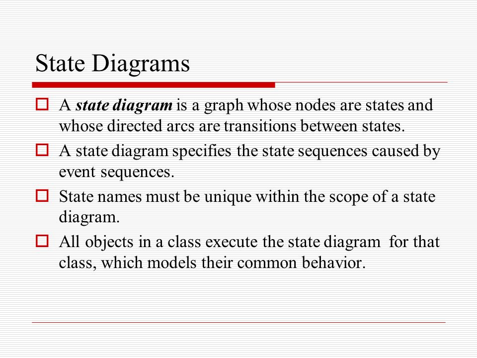 State Diagrams A state diagram is a graph whose nodes are states and whose  directed arcs are transitions between states. A state diagram specifies  the. - ppt video online download