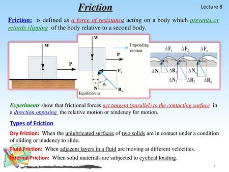 Friction Lecture 8 Friction: is defined as a force of resistance acting on a body which prevents or retards slipping of the body relative to a second.