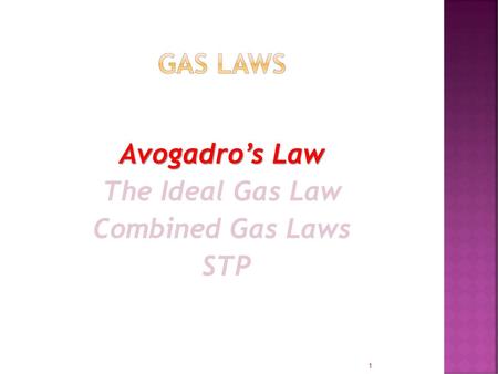 Avogadro’s Law The Ideal Gas Law Combined Gas Laws STP